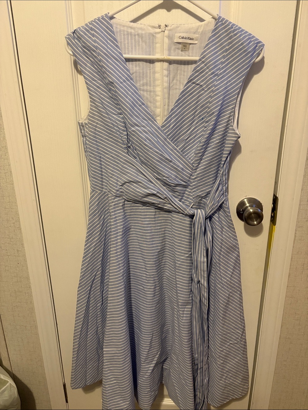 Calvin Klein Blue and White Striped Wrap Midi Dress